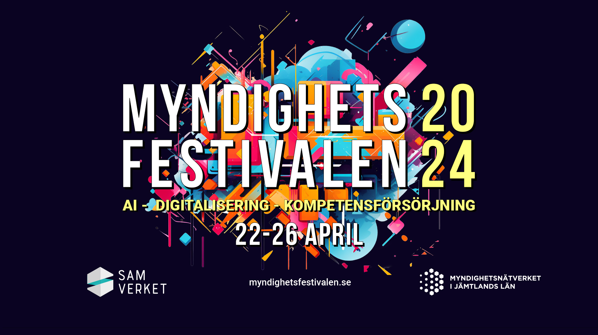 logotypen för myndighestfestivalen 2024, texten står framför en massa färger